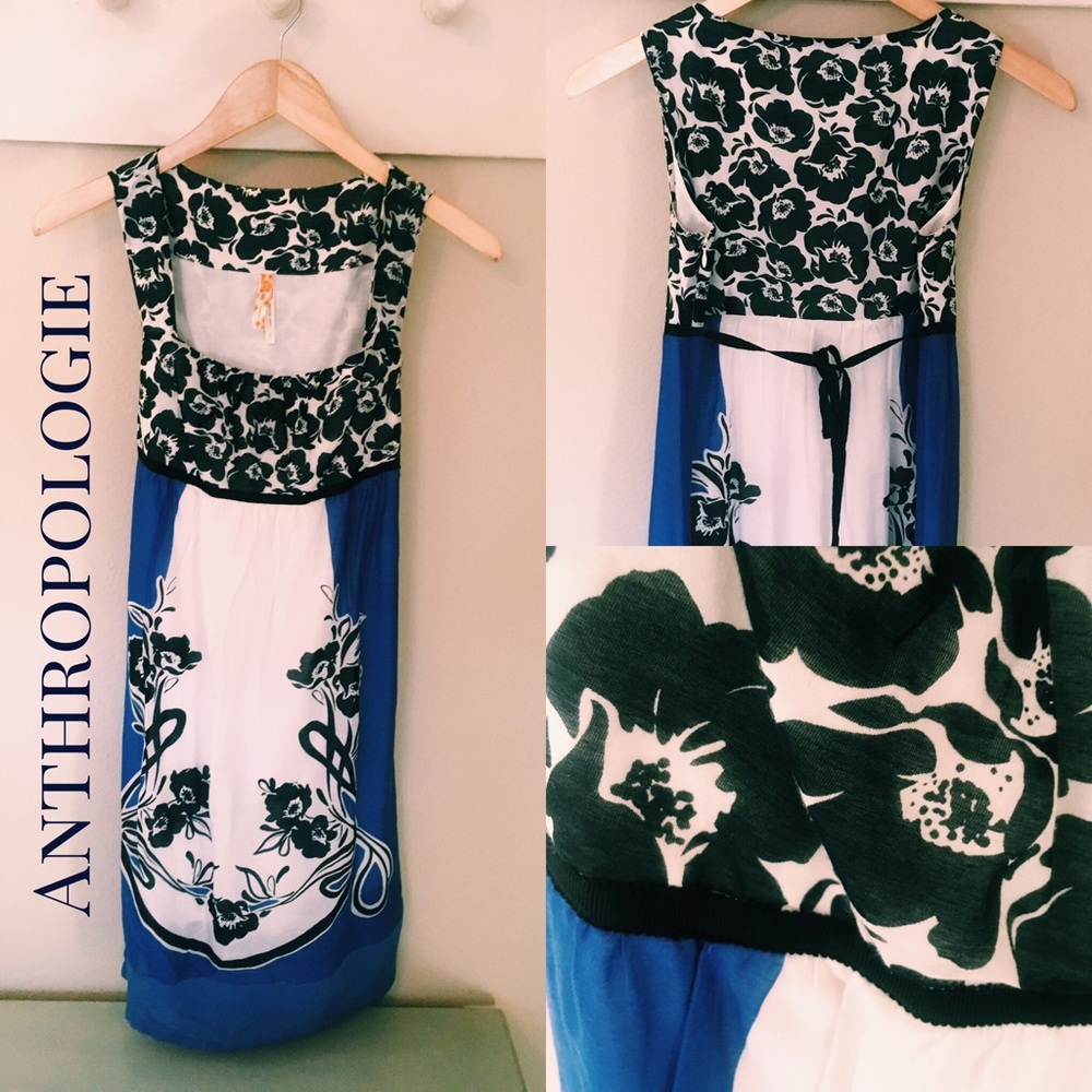 Anthropologie Black and Blue Floral Midi Dress